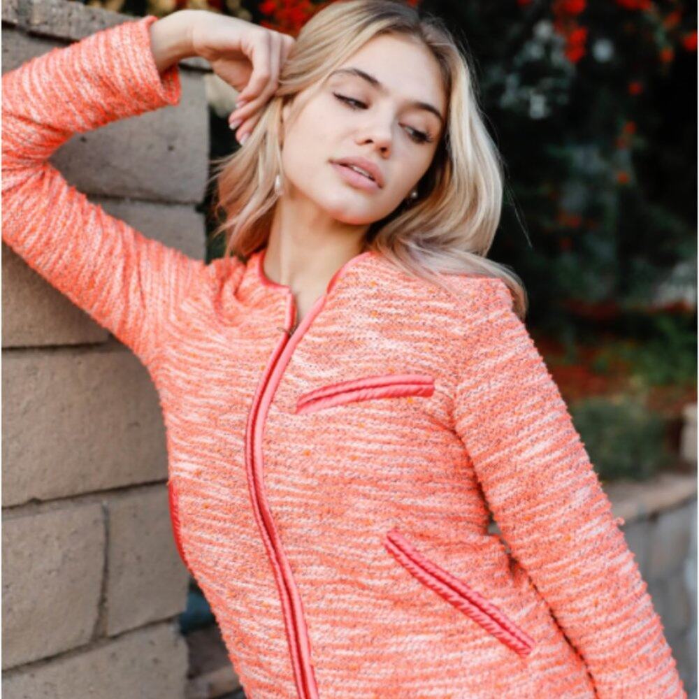 Orange Vintage Tweed Long Sleeve Front Zip-Up Detail Jacket With Pockets - Picture 4 of 16